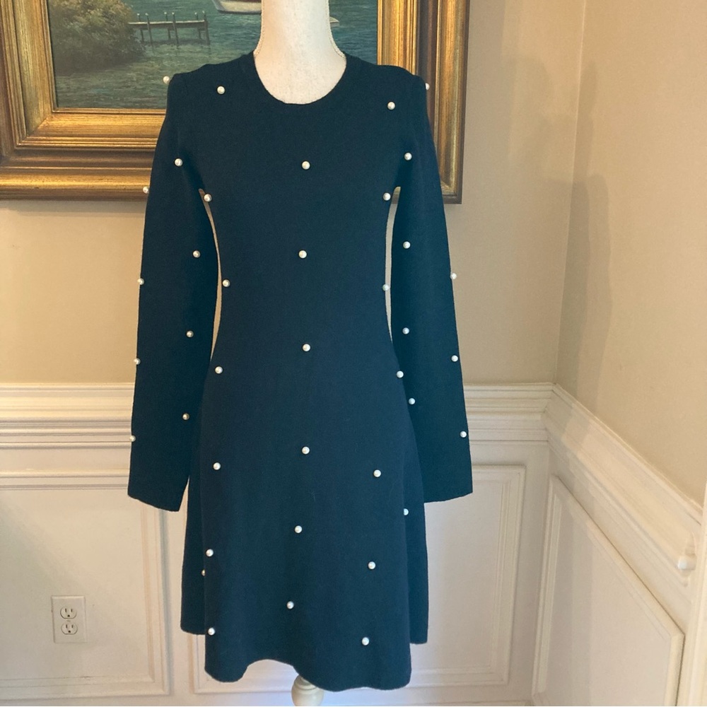 ZARA Black Knit Cream Pearl Embellished Long Sleeve Dress NWT